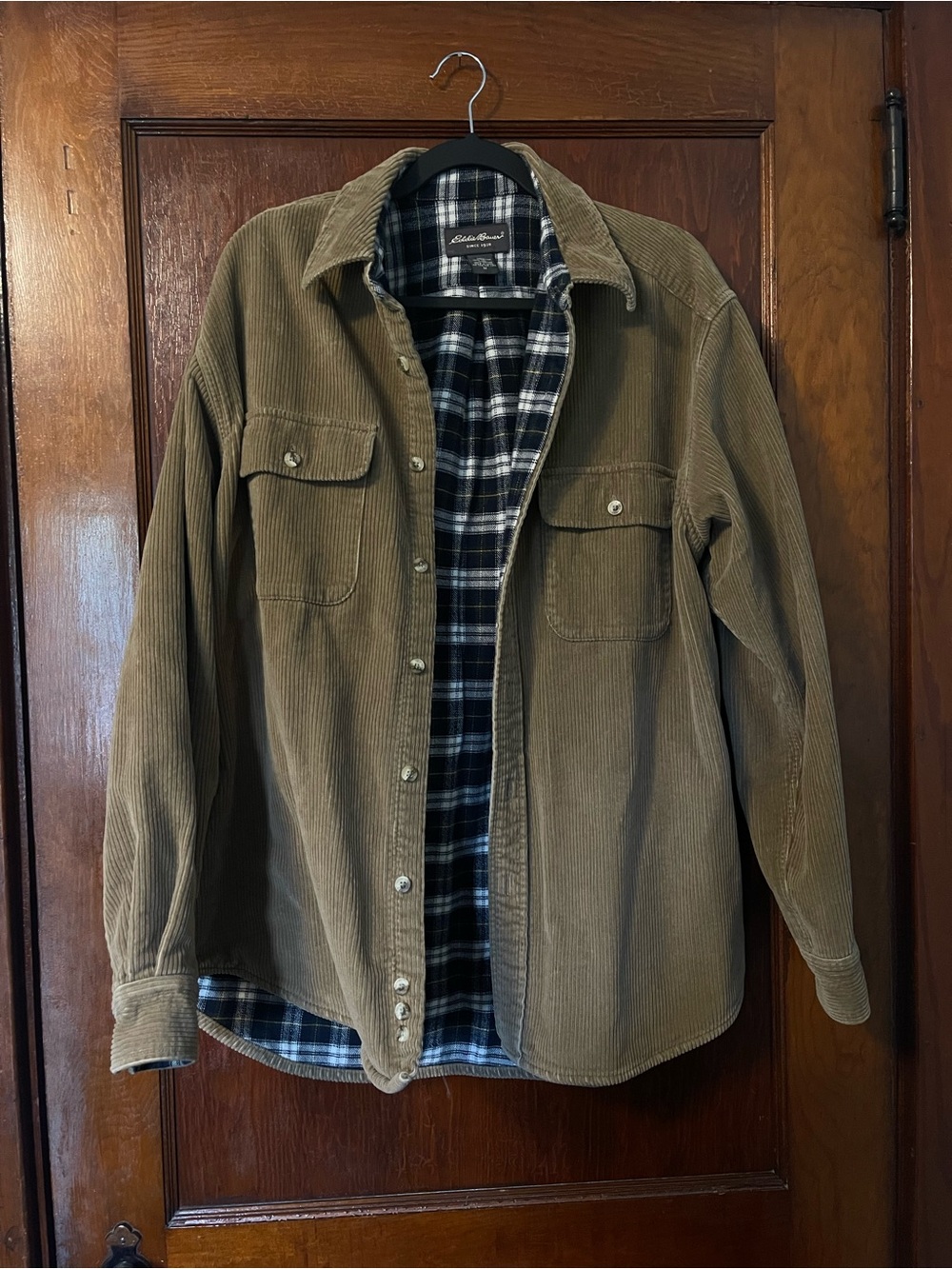 Eddie Bauer Olive Brown Corduroy Shirt Jacket with Plaid Lining